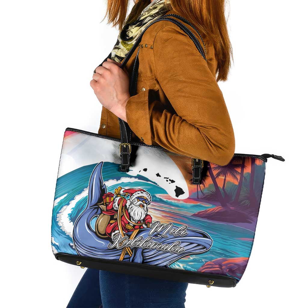 Hawaiian Mele Kalikimaka Leather Tote Bag Santa Claus Driving The Whale with Sunset Ocean Landscape LT03 Blue - Polynesian Pride