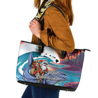 Hawaiian Mele Kalikimaka Leather Tote Bag Santa Claus Driving The Whale with Sunset Ocean Landscape LT03 Blue - Polynesian Pride