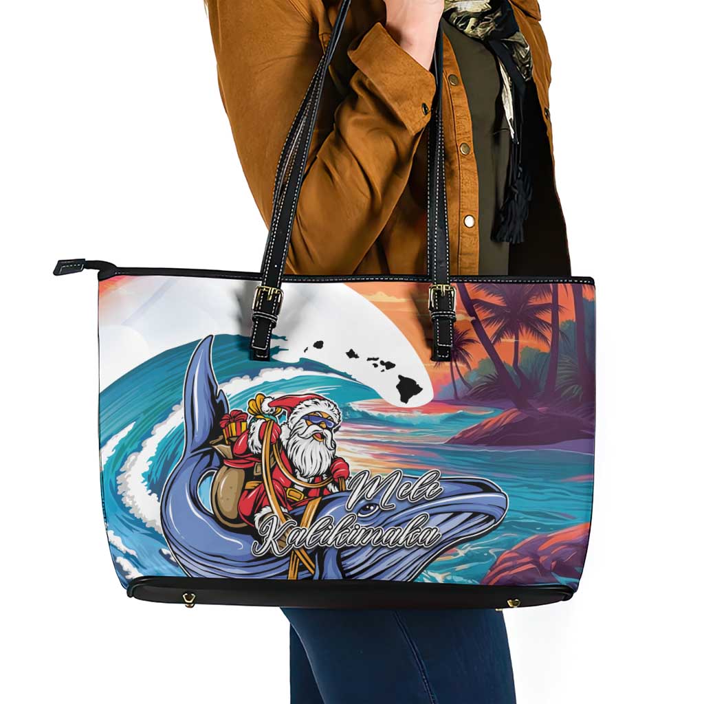 Hawaiian Mele Kalikimaka Leather Tote Bag Santa Claus Driving The Whale with Sunset Ocean Landscape LT03 - Polynesian Pride