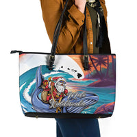 Hawaiian Mele Kalikimaka Leather Tote Bag Santa Claus Driving The Whale with Sunset Ocean Landscape LT03 - Polynesian Pride