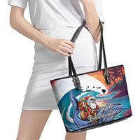 Hawaiian Mele Kalikimaka Leather Tote Bag Santa Claus Driving The Whale with Sunset Ocean Landscape LT03 - Polynesian Pride