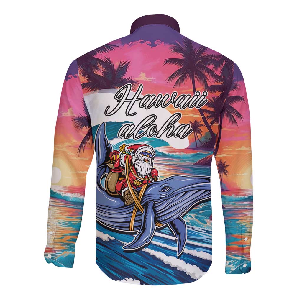 Hawaiian Mele Kalikimaka Long Sleeve Button Shirt Santa Claus Driving The Whale with Sunset Ocean Landscape LT03 - Polynesian Pride