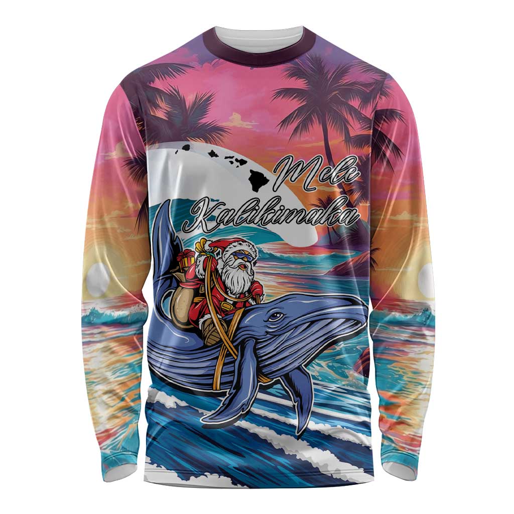 Hawaiian Mele Kalikimaka Long Sleeve Shirt Santa Claus Driving The Whale with Sunset Ocean Landscape LT03 Unisex Blue - Polynesian Pride