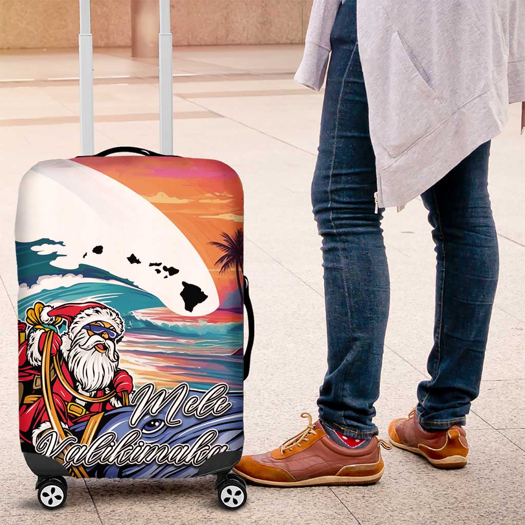 Hawaiian Mele Kalikimaka Luggage Cover Santa Claus Driving The Whale with Sunset Ocean Landscape LT03 Blue - Polynesian Pride