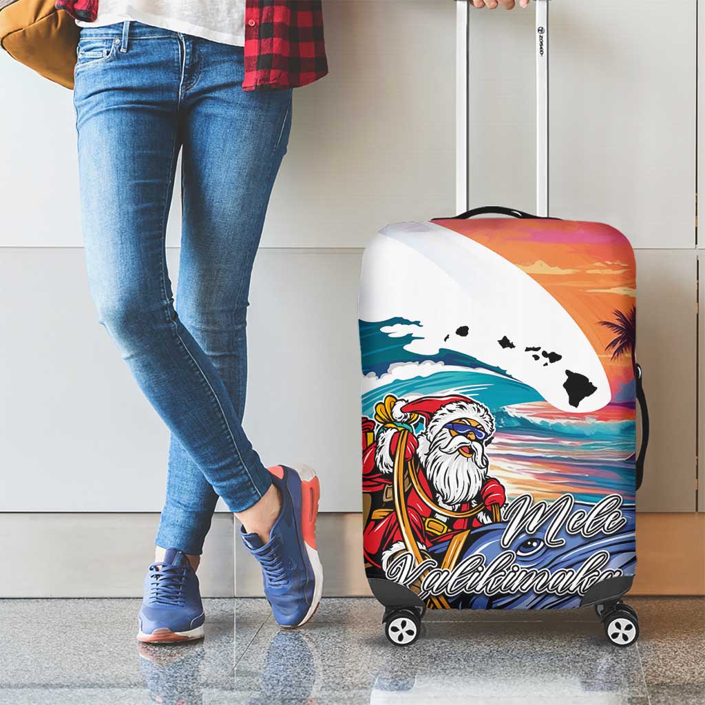 Hawaiian Mele Kalikimaka Luggage Cover Santa Claus Driving The Whale with Sunset Ocean Landscape LT03 - Polynesian Pride