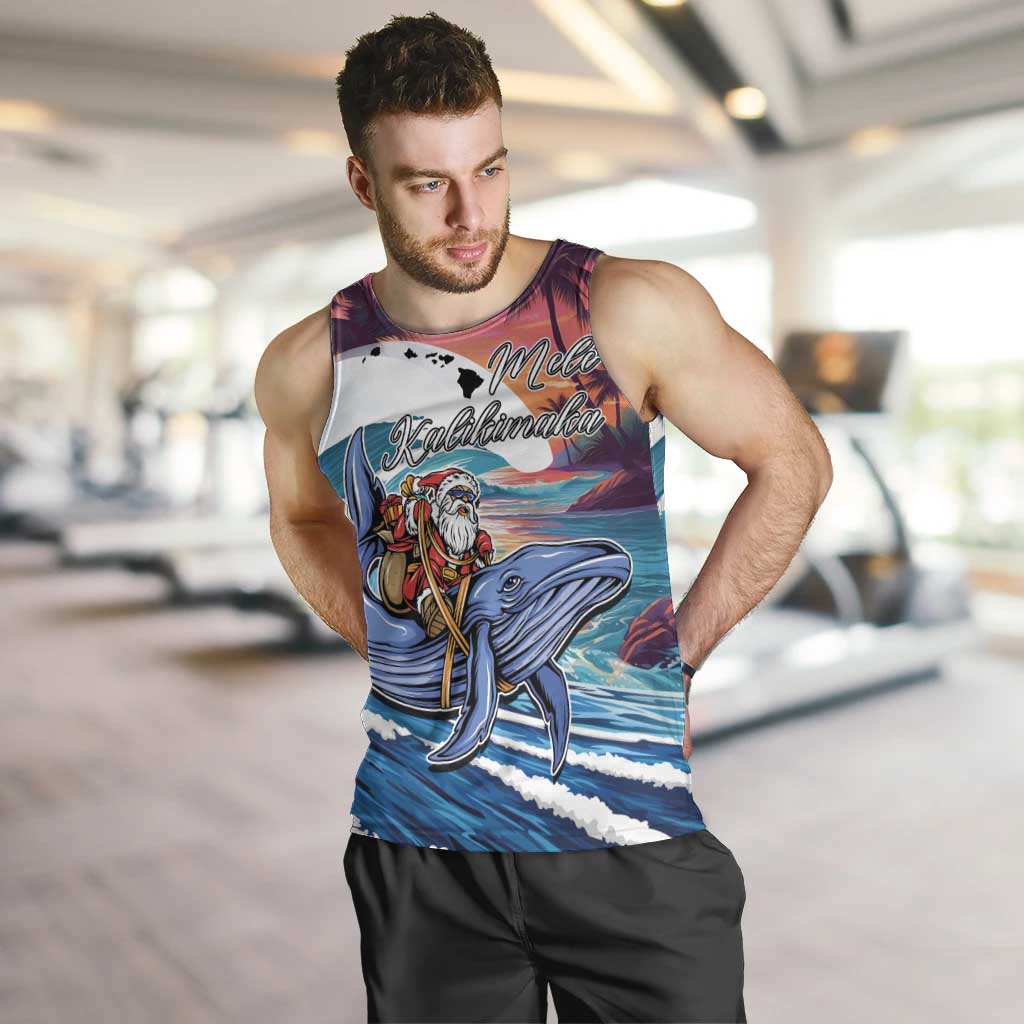 Hawaiian Mele Kalikimaka Men Tank Top Santa Claus Driving The Whale with Sunset Ocean Landscape LT03 Blue - Polynesian Pride