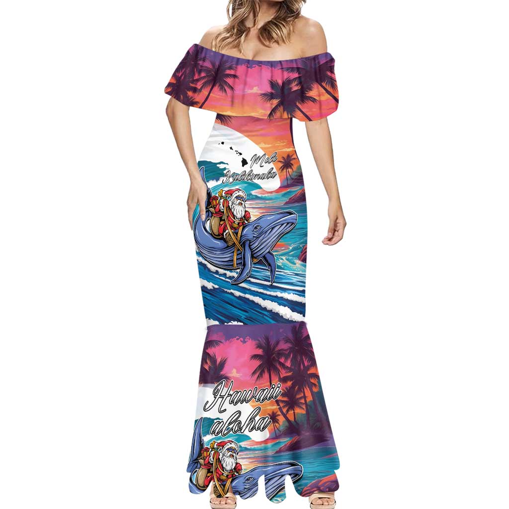 Hawaiian Mele Kalikimaka Mermaid Dress Santa Claus Driving The Whale with Sunset Ocean Landscape LT03 - Polynesian Pride