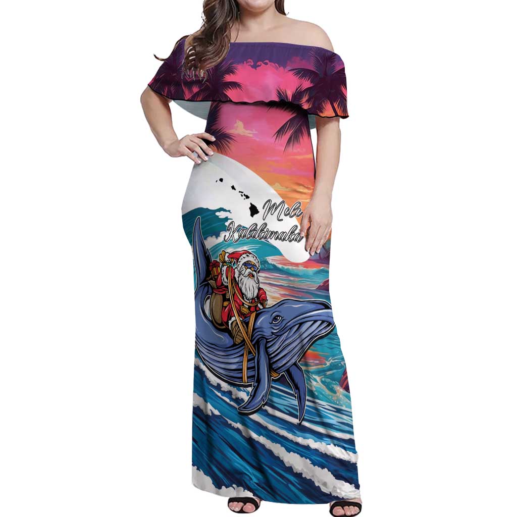 Hawaiian Mele Kalikimaka Off Shoulder Maxi Dress Santa Claus Driving The Whale with Sunset Ocean Landscape LT03 Women Blue - Polynesian Pride