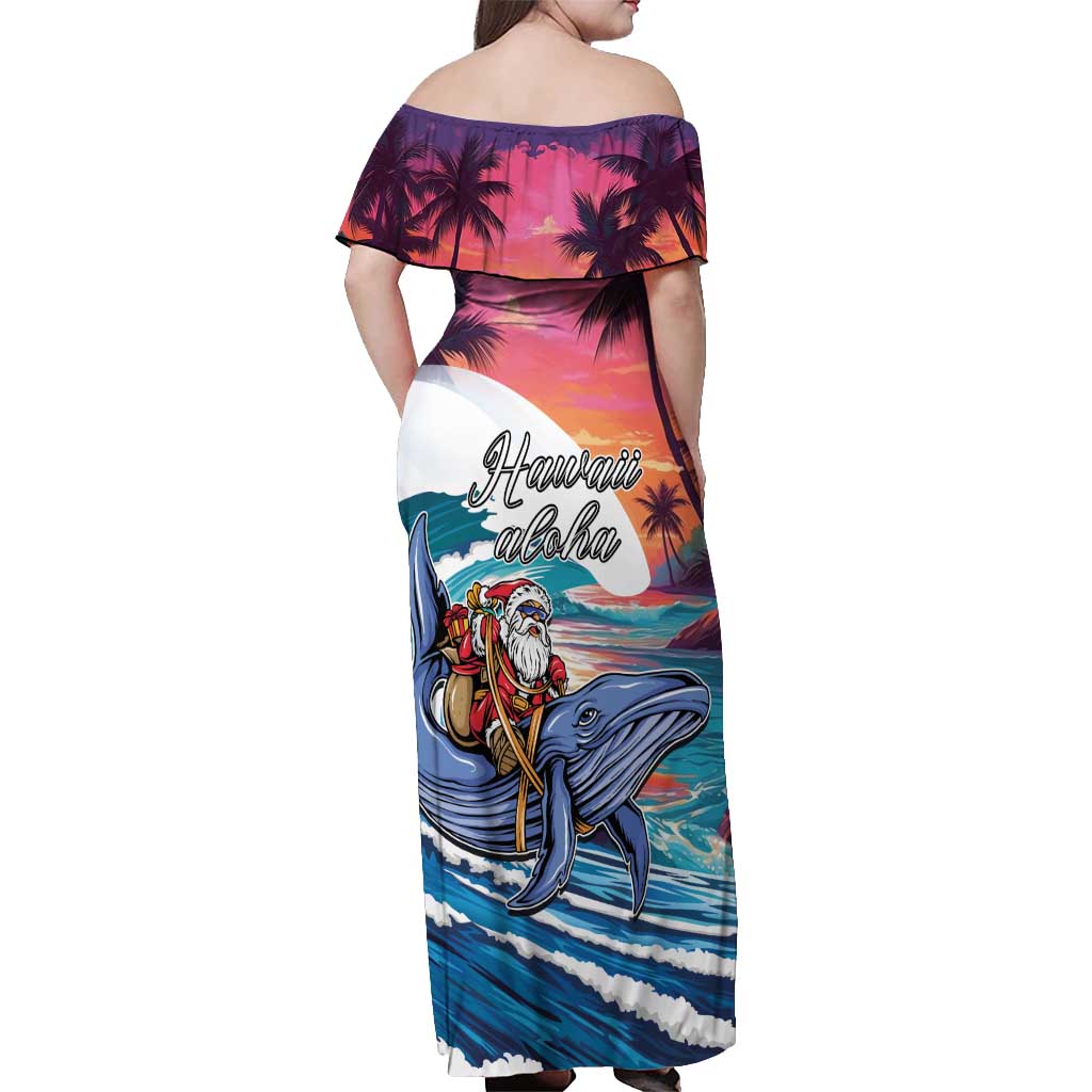 Hawaiian Mele Kalikimaka Off Shoulder Maxi Dress Santa Claus Driving The Whale with Sunset Ocean Landscape LT03 - Polynesian Pride