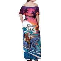 Hawaiian Mele Kalikimaka Off Shoulder Maxi Dress Santa Claus Driving The Whale with Sunset Ocean Landscape LT03 - Polynesian Pride