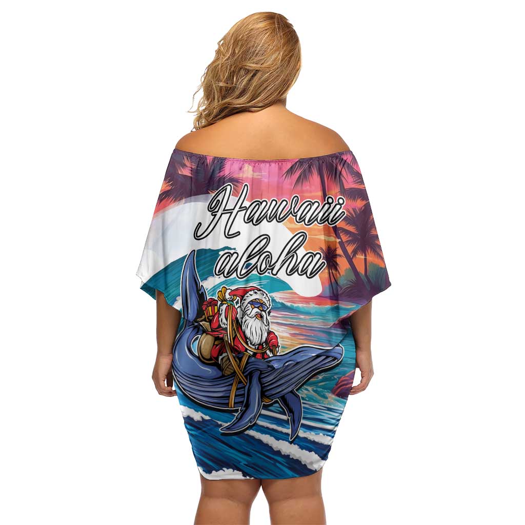 Hawaiian Mele Kalikimaka Off Shoulder Short Dress Santa Claus Driving The Whale with Sunset Ocean Landscape LT03 - Polynesian Pride