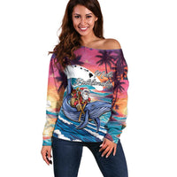 Hawaiian Mele Kalikimaka Off Shoulder Sweater Santa Claus Driving The Whale with Sunset Ocean Landscape LT03 Women Blue - Polynesian Pride