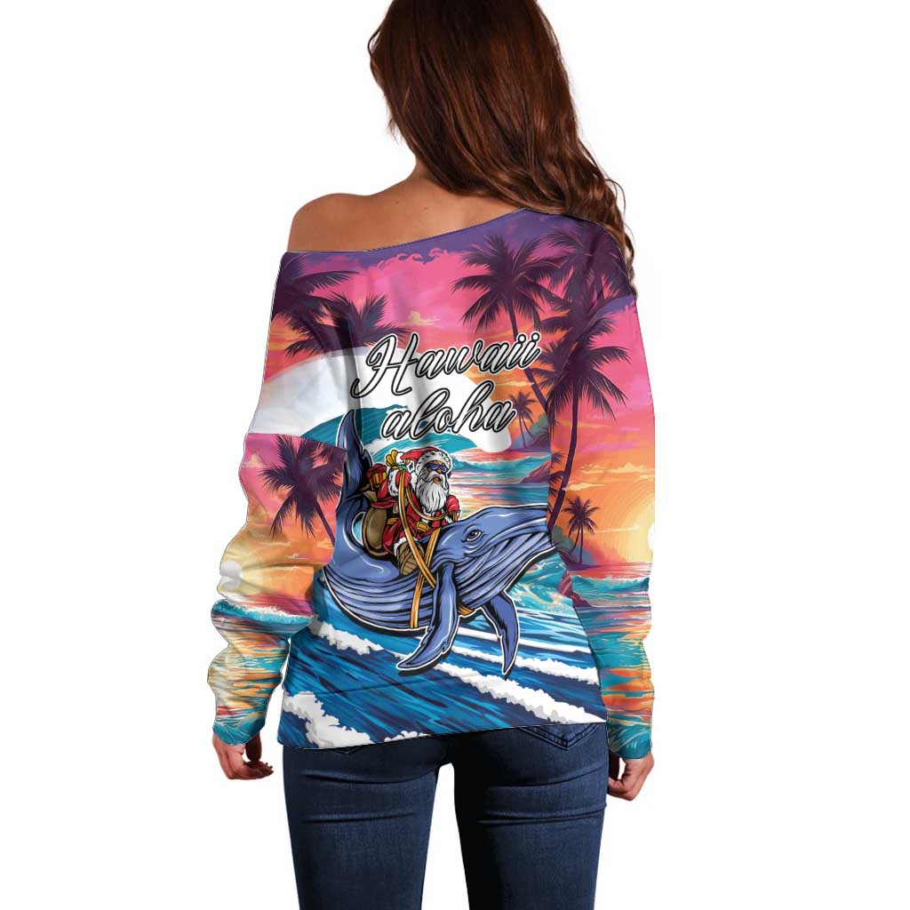 Hawaiian Mele Kalikimaka Off Shoulder Sweater Santa Claus Driving The Whale with Sunset Ocean Landscape LT03 - Polynesian Pride