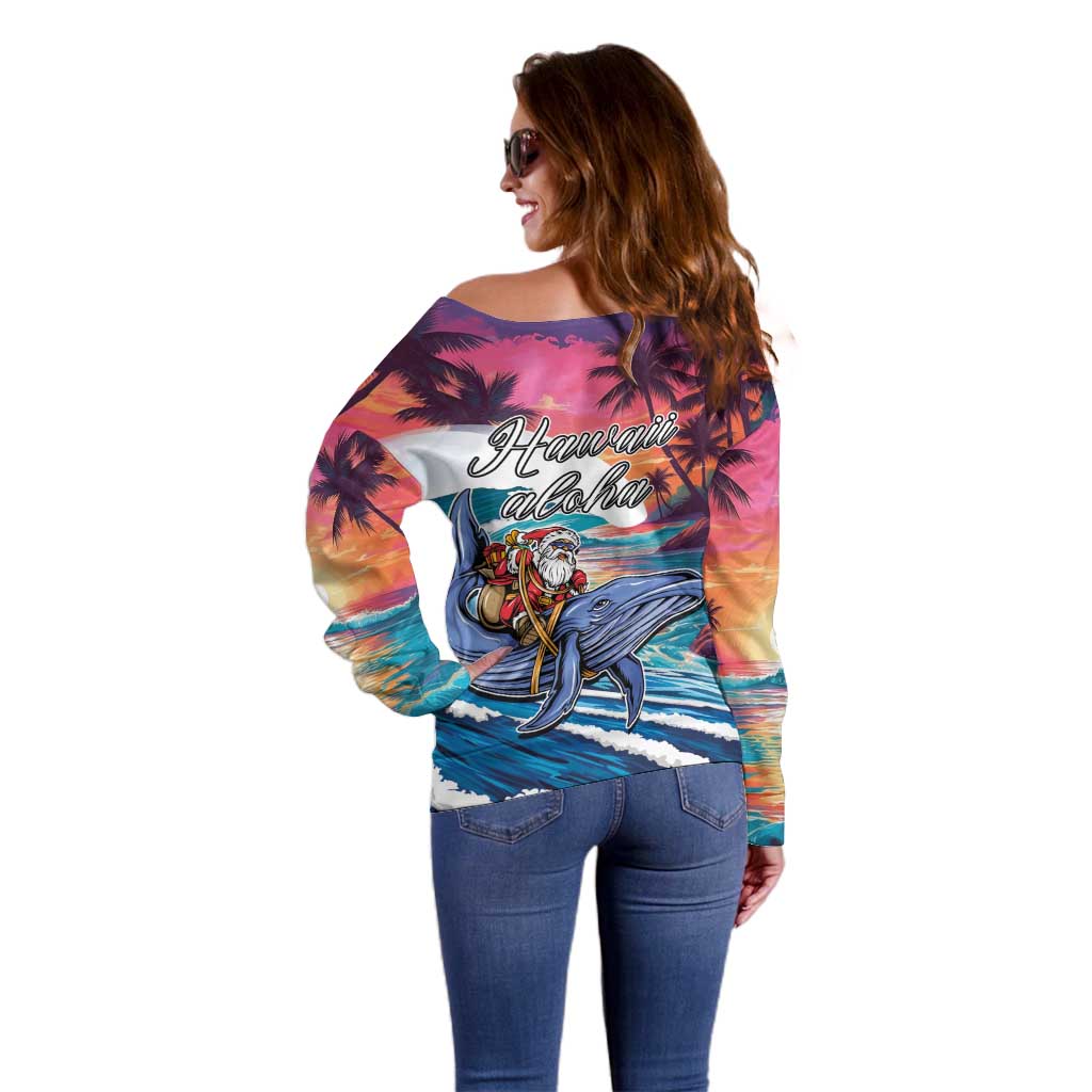 Hawaiian Mele Kalikimaka Off Shoulder Sweater Santa Claus Driving The Whale with Sunset Ocean Landscape LT03 - Polynesian Pride