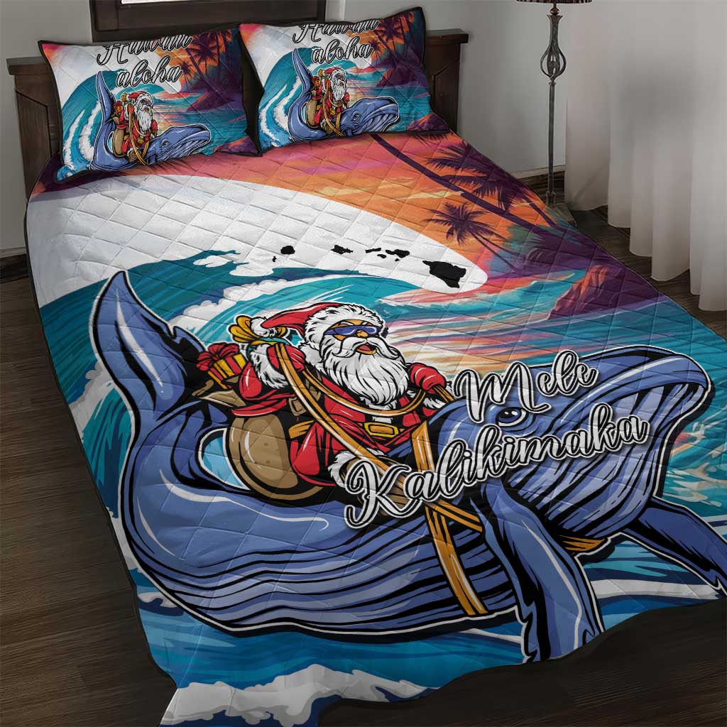 Hawaiian Mele Kalikimaka Quilt Bed Set Santa Claus Driving The Whale with Sunset Ocean Landscape LT03 Blue - Polynesian Pride