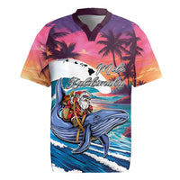 Hawaiian Mele Kalikimaka Rugby Jersey Santa Claus Driving The Whale with Sunset Ocean Landscape LT03 Blue - Polynesian Pride