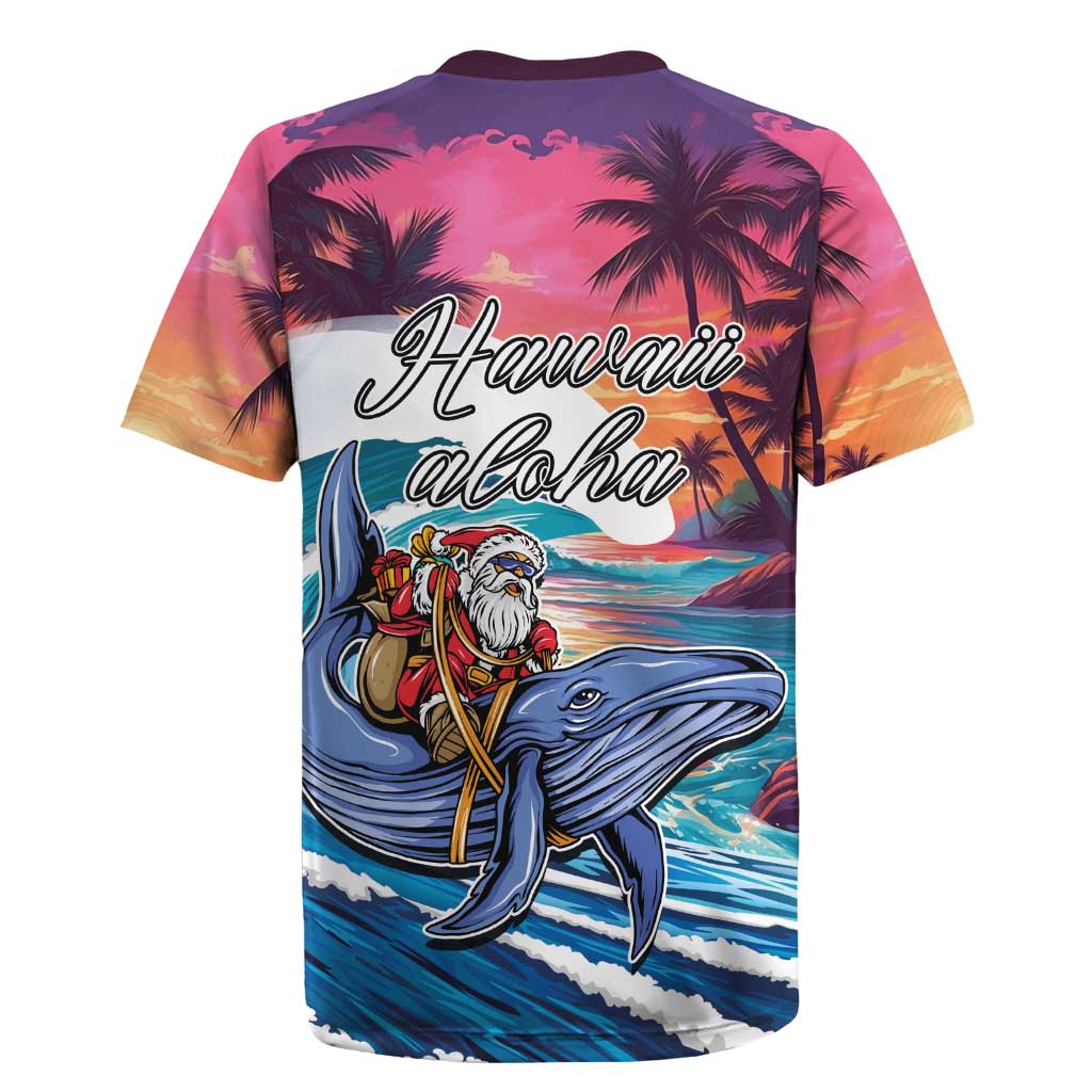 Hawaiian Mele Kalikimaka Rugby Jersey Santa Claus Driving The Whale with Sunset Ocean Landscape LT03 - Polynesian Pride