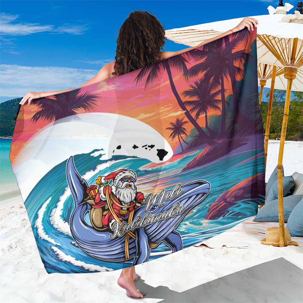 Hawaiian Mele Kalikimaka Sarong Santa Claus Driving The Whale with Sunset Ocean Landscape LT03 One Size 44 x 66 inches Blue - Polynesian Pride