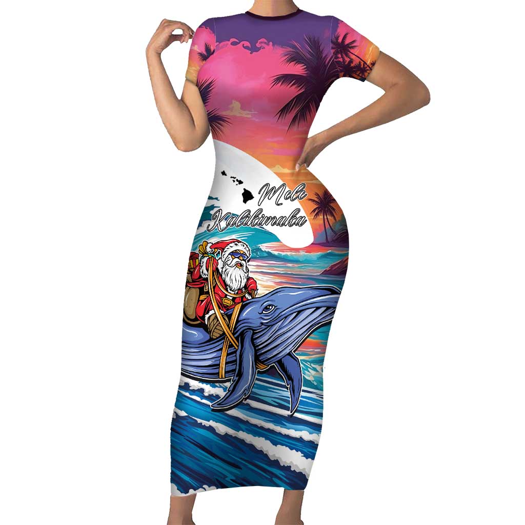 Hawaiian Mele Kalikimaka Short Sleeve Bodycon Dress Santa Claus Driving The Whale with Sunset Ocean Landscape LT03 Long Dress Blue - Polynesian Pride