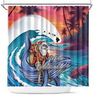 Hawaiian Mele Kalikimaka Shower Curtain Santa Claus Driving The Whale with Sunset Ocean Landscape LT03 Blue - Polynesian Pride