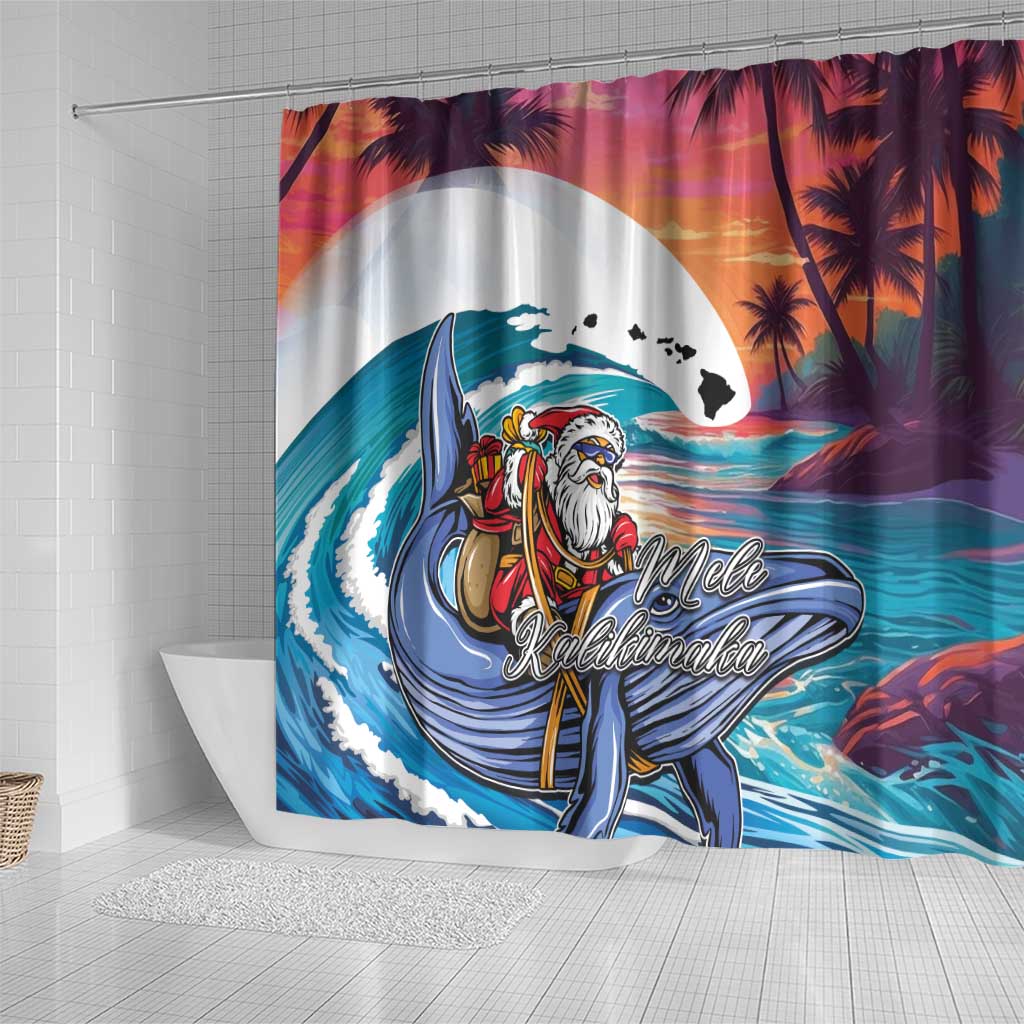 Hawaiian Mele Kalikimaka Shower Curtain Santa Claus Driving The Whale with Sunset Ocean Landscape LT03 - Polynesian Pride