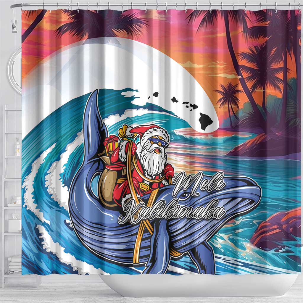 Hawaiian Mele Kalikimaka Shower Curtain Santa Claus Driving The Whale with Sunset Ocean Landscape LT03 - Polynesian Pride