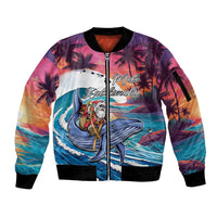 Hawaiian Mele Kalikimaka Sleeve Zip Bomber Jacket Santa Claus Driving The Whale with Sunset Ocean Landscape LT03 Unisex Blue - Polynesian Pride