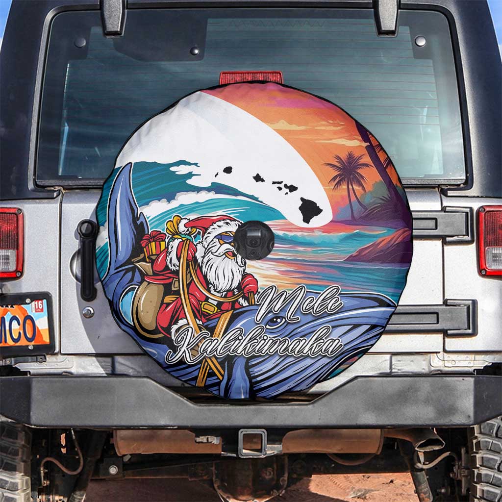 Hawaiian Mele Kalikimaka Spare Tire Cover Santa Claus Driving The Whale with Sunset Ocean Landscape LT03 Blue - Polynesian Pride