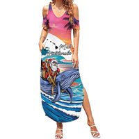 Hawaiian Mele Kalikimaka Summer Maxi Dress Santa Claus Driving The Whale with Sunset Ocean Landscape LT03 Women Blue - Polynesian Pride