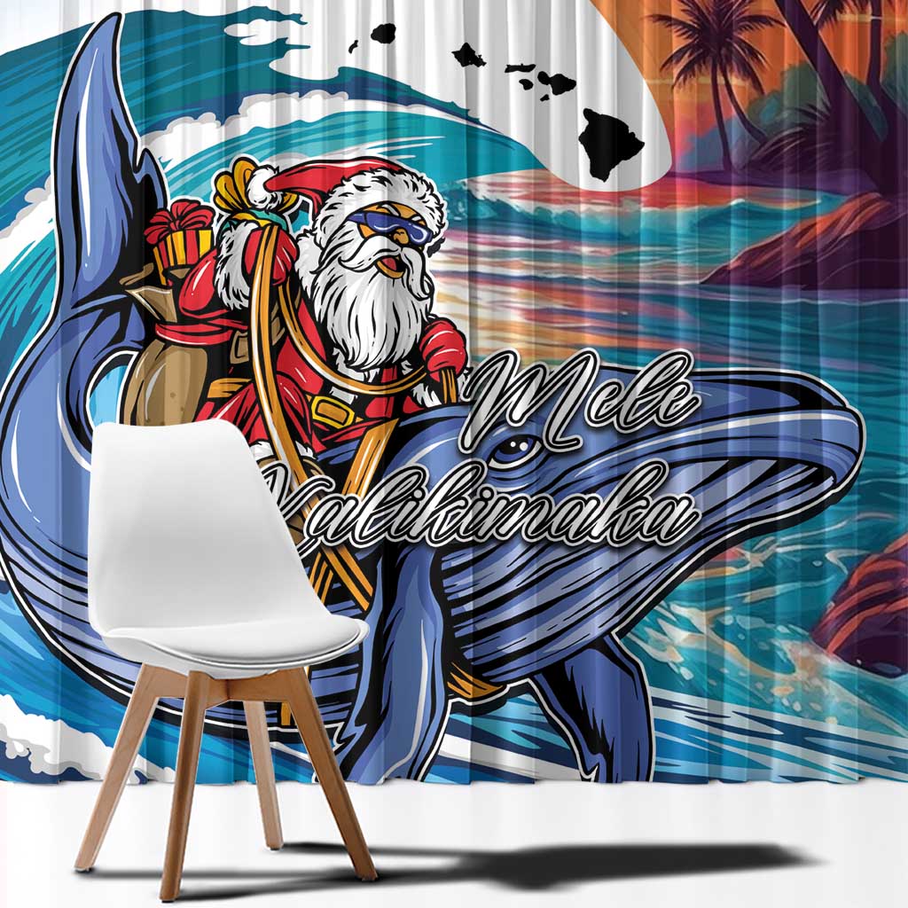 Hawaiian Mele Kalikimaka Window Curtain Santa Claus Driving The Whale with Sunset Ocean Landscape LT03 - Polynesian Pride