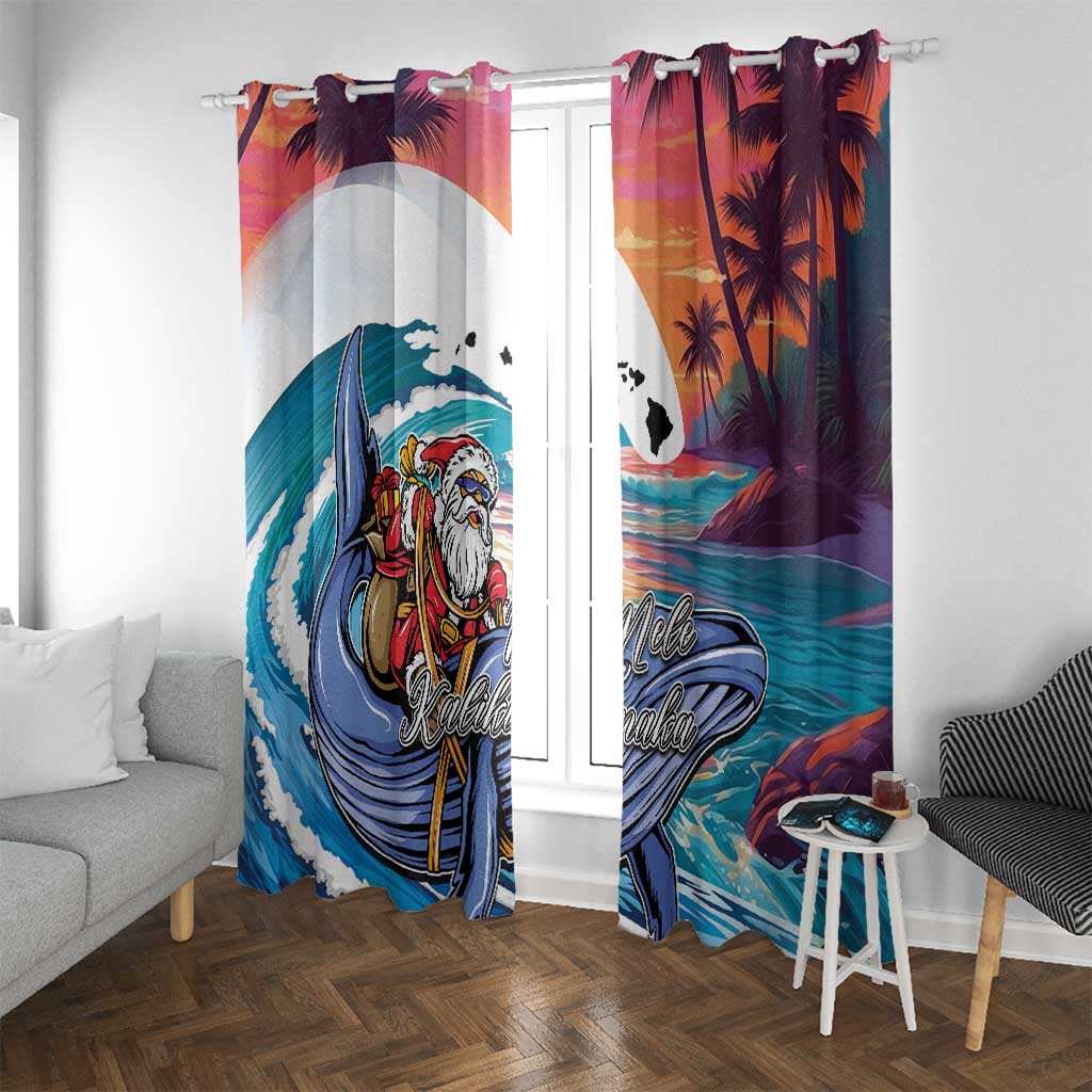 Hawaiian Mele Kalikimaka Window Curtain Santa Claus Driving The Whale with Sunset Ocean Landscape LT03 With Grommets Blue - Polynesian Pride
