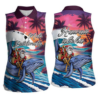 Hawaiian Mele Kalikimaka Women Sleeveless Polo Shirt Santa Claus Driving The Whale with Sunset Ocean Landscape LT03 - Polynesian Pride