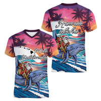 Hawaiian Mele Kalikimaka Women V-Neck T-Shirt Santa Claus Driving The Whale with Sunset Ocean Landscape LT03 - Polynesian Pride