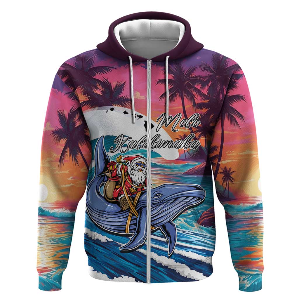 Hawaiian Mele Kalikimaka Zip Hoodie Santa Claus Driving The Whale with Sunset Ocean Landscape LT03 Zip Hoodie Blue - Polynesian Pride