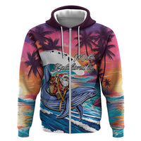 Hawaiian Mele Kalikimaka Zip Hoodie Santa Claus Driving The Whale with Sunset Ocean Landscape LT03 Zip Hoodie Blue - Polynesian Pride