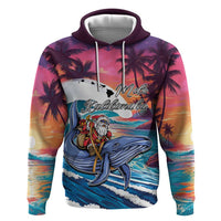 Hawaiian Mele Kalikimaka Zip Hoodie Santa Claus Driving The Whale with Sunset Ocean Landscape LT03 Pullover Hoodie Blue - Polynesian Pride