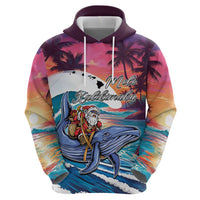 Hawaiian Mele Kalikimaka Zip Hoodie Santa Claus Driving The Whale with Sunset Ocean Landscape LT03 - Polynesian Pride