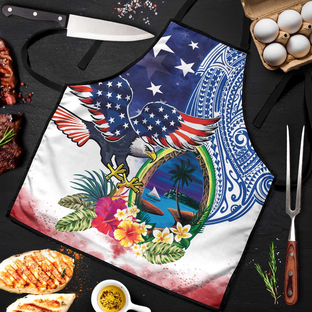 Guam and United States Together Apron Bald Eagle and Guam Seal with Flower and Tribal Tattoos LT03 Multicolor - Polynesian Pride