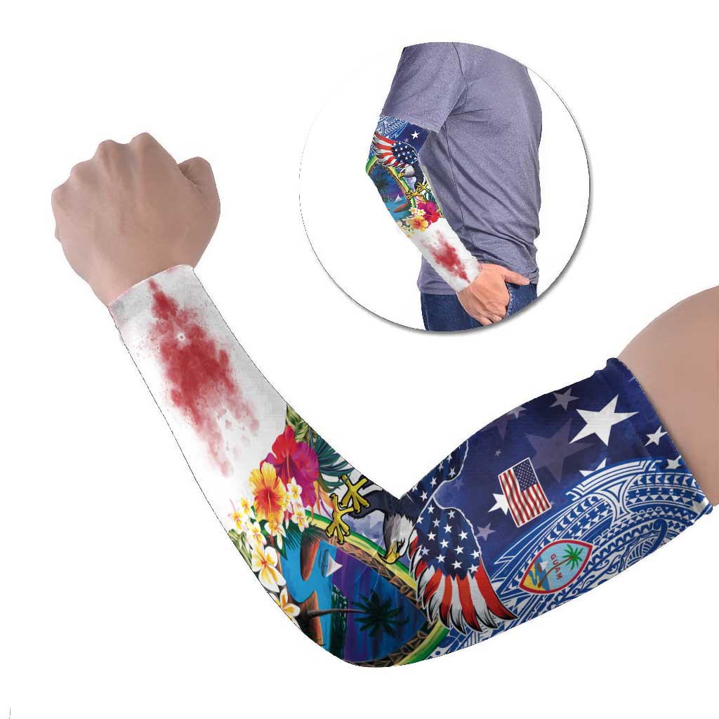 Guam and United States Together Arm Sleeves Bald Eagle and Guam Seal with Flower and Tribal Tattoos - Polynesian Pride