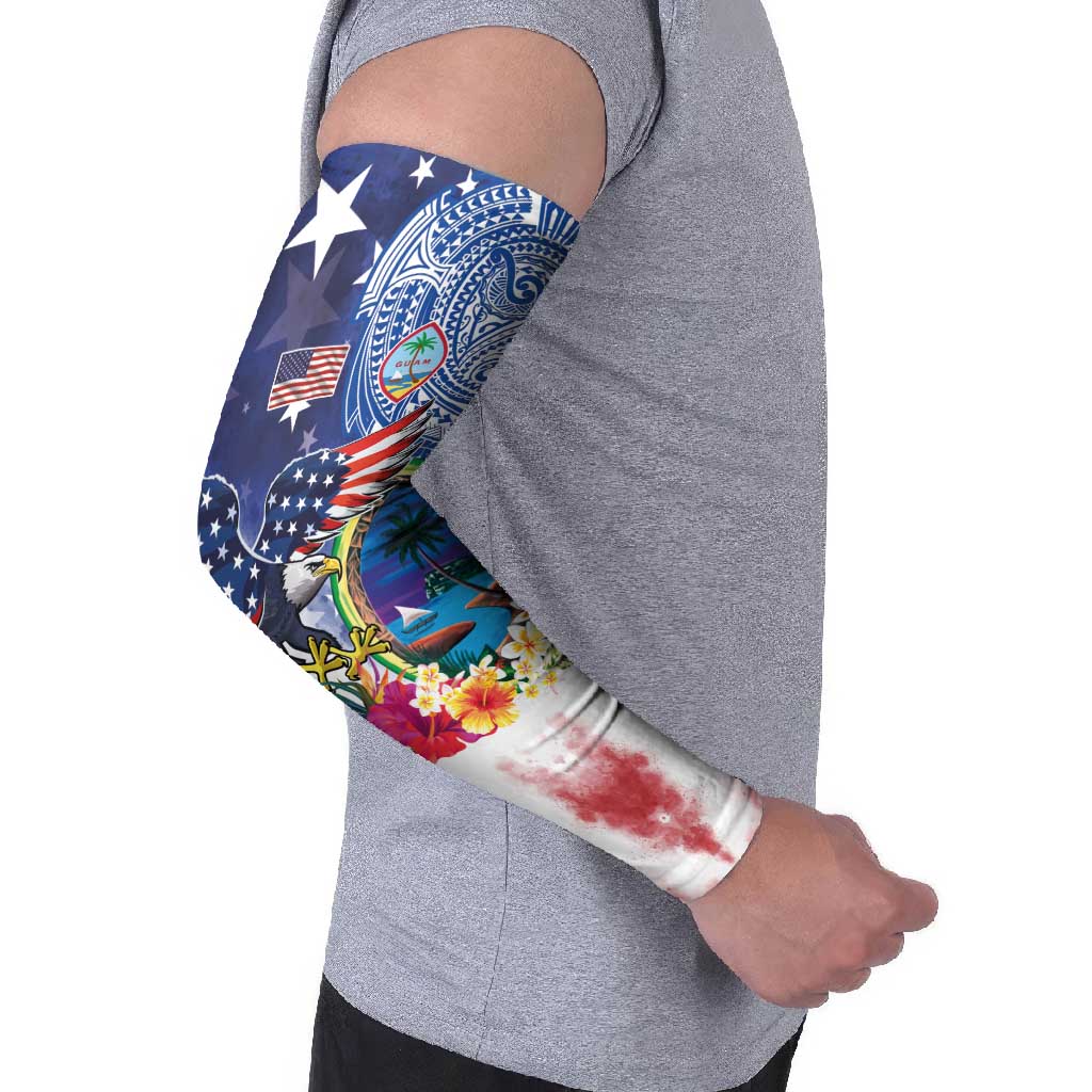 Guam and United States Together Arm Sleeves Bald Eagle and Guam Seal with Flower and Tribal Tattoos LT03 - Polynesian Pride