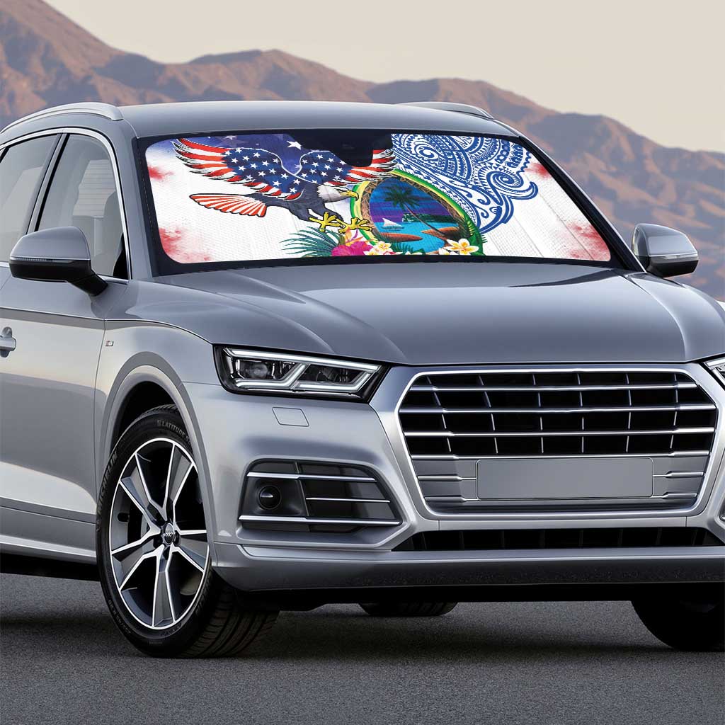 Guam and United States Together Auto Sun Shade Bald Eagle and Guam Seal with Flower and Tribal Tattoos LT03 - Polynesian Pride