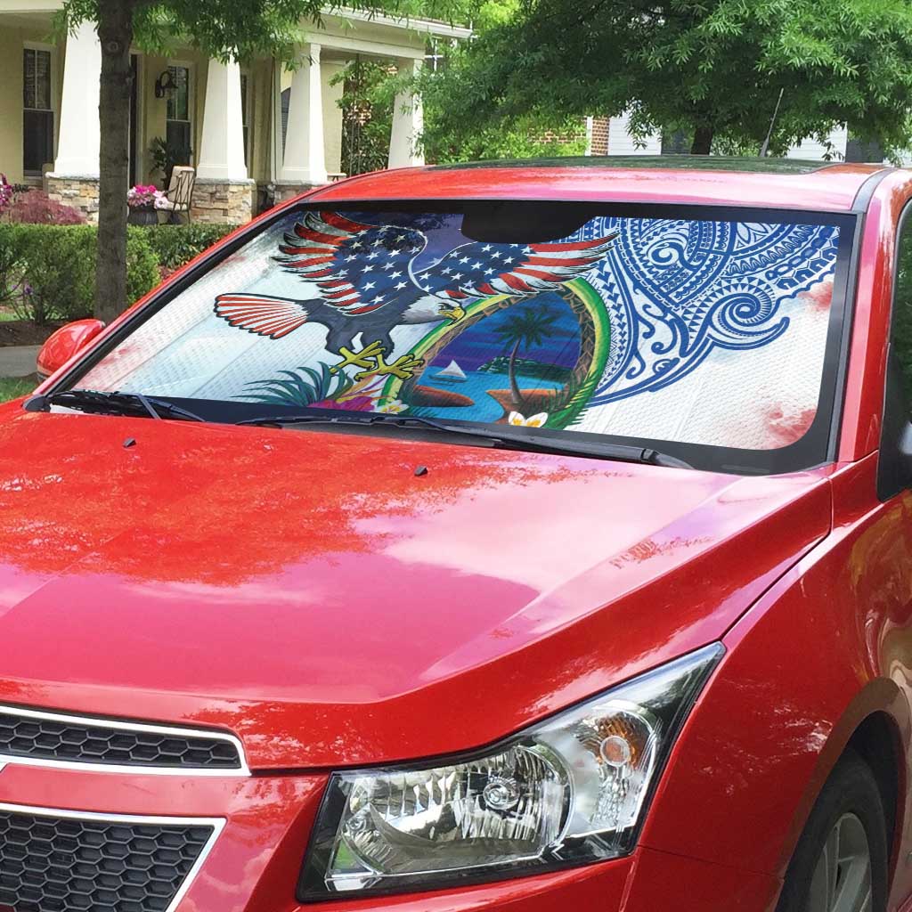 Guam and United States Together Auto Sun Shade Bald Eagle and Guam Seal with Flower and Tribal Tattoos LT03 - Polynesian Pride