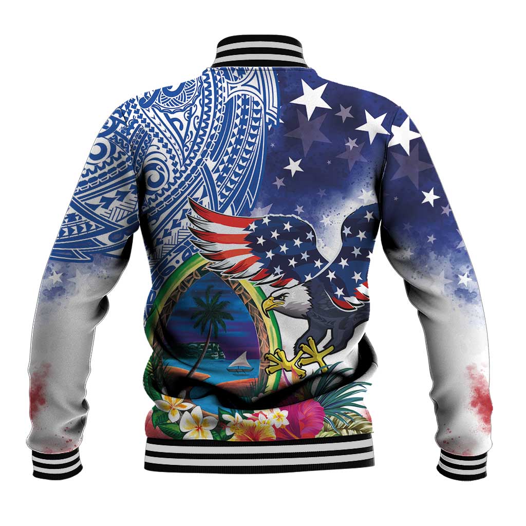 Guam and United States Together Baseball Jacket Bald Eagle and Guam Seal with Flower and Tribal Tattoos LT03 - Polynesian Pride