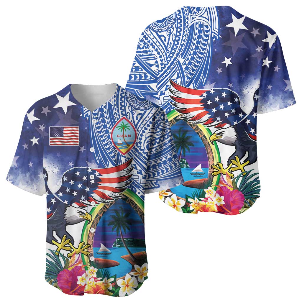 Guam and United States Together Baseball Jersey Bald Eagle and Guam Seal with Flower and Tribal Tattoos LT03 - Polynesian Pride