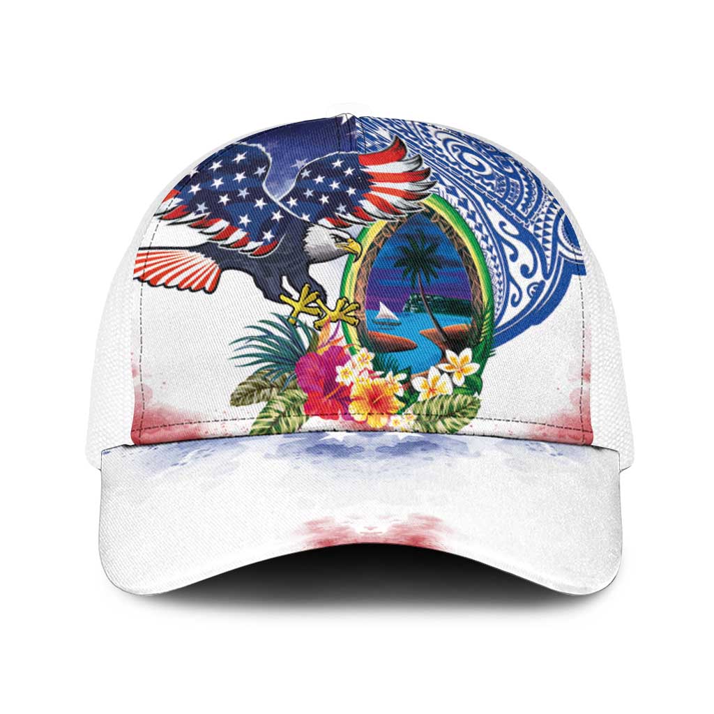 Guam and United States Together Baseball Net Cap Bald Eagle and Guam Seal with Flower and Tribal Tattoos LT03 One Size White Multicolor - Polynesian Pride