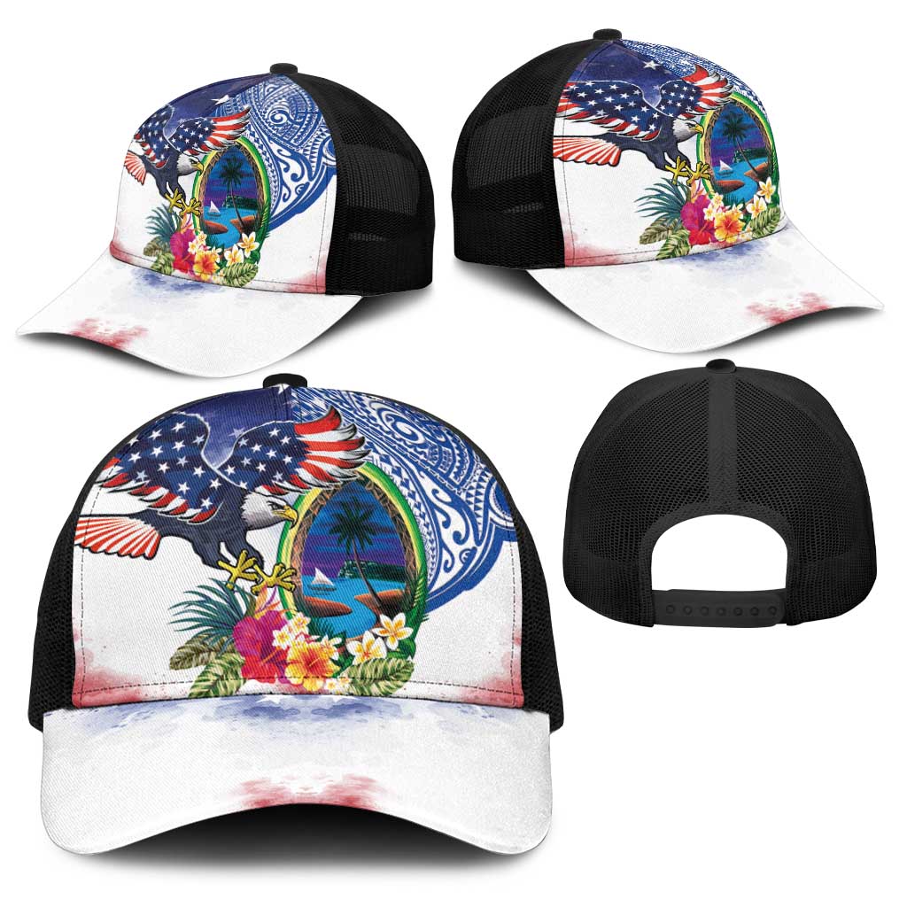 Guam and United States Together Baseball Net Cap Bald Eagle and Guam Seal with Flower and Tribal Tattoos LT03 - Polynesian Pride