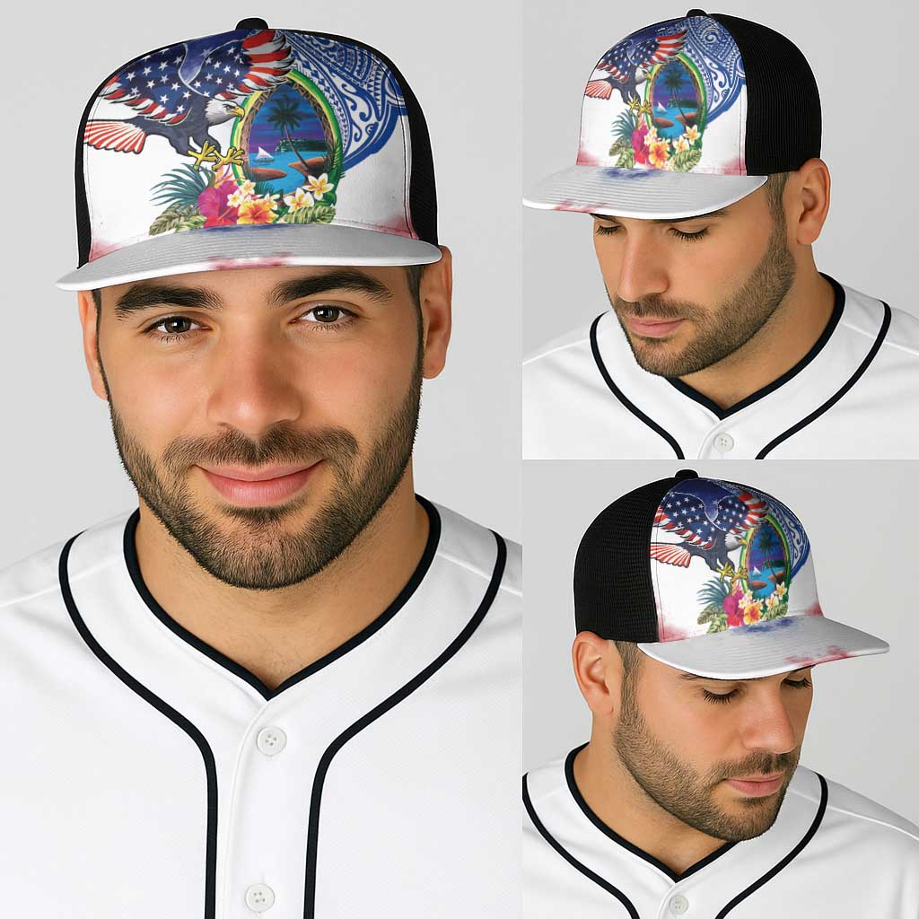 Guam and United States Together Baseball Net Cap Bald Eagle and Guam Seal with Flower and Tribal Tattoos LT03 - Polynesian Pride