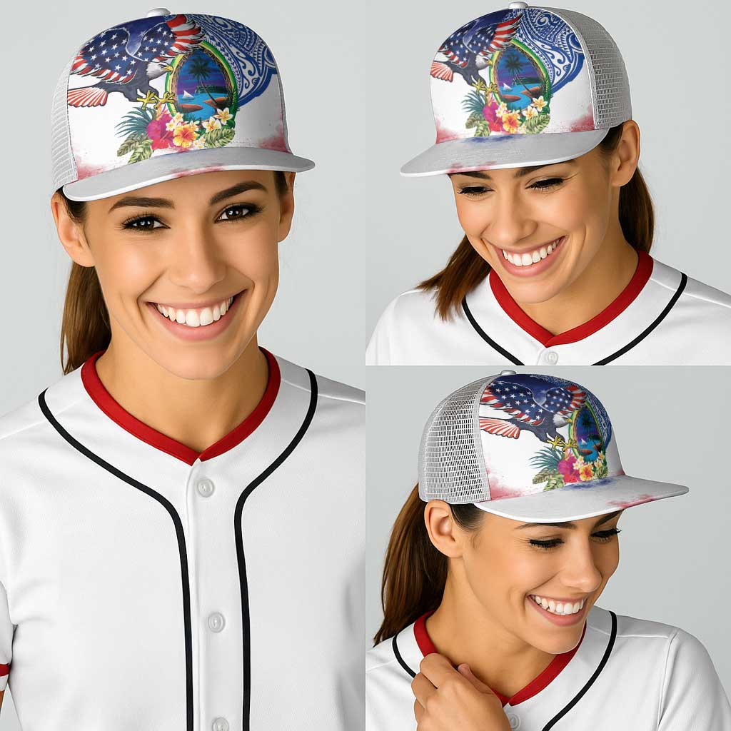 Guam and United States Together Baseball Net Cap Bald Eagle and Guam Seal with Flower and Tribal Tattoos LT03 - Polynesian Pride