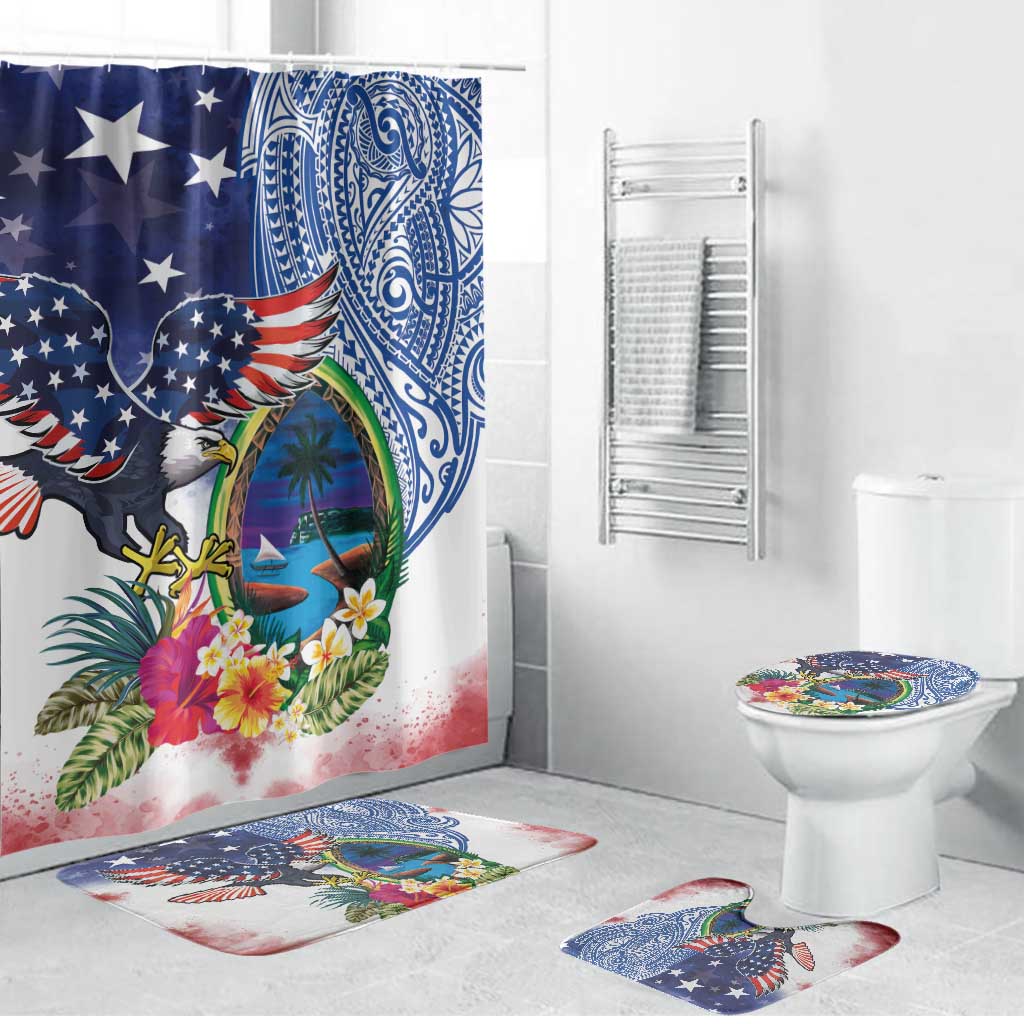 Guam and United States Together Bathroom Set Bald Eagle and Guam Seal with Flower and Tribal Tattoos LT03 Bathroom Set (4 pcs) Multicolor - Polynesian Pride