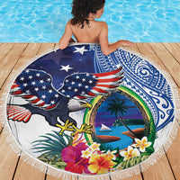 Guam and United States Together Beach Blanket Bald Eagle and Guam Seal with Flower and Tribal Tattoos LT03 - Polynesian Pride